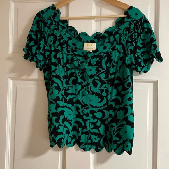 Maeve by Anthropologie Green Black Floral Scalloped Edge Top Assey Blouse Size 6 - Picture 3 of 12